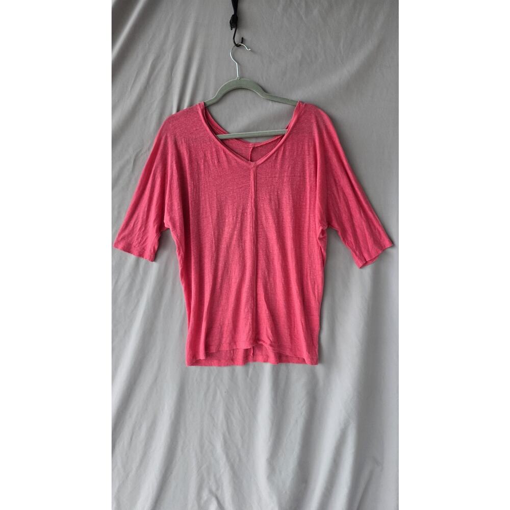 Eileen Fisher Shirt Womens XS Pink Linen Knit V Neck Short Sleeve Relaxed Top